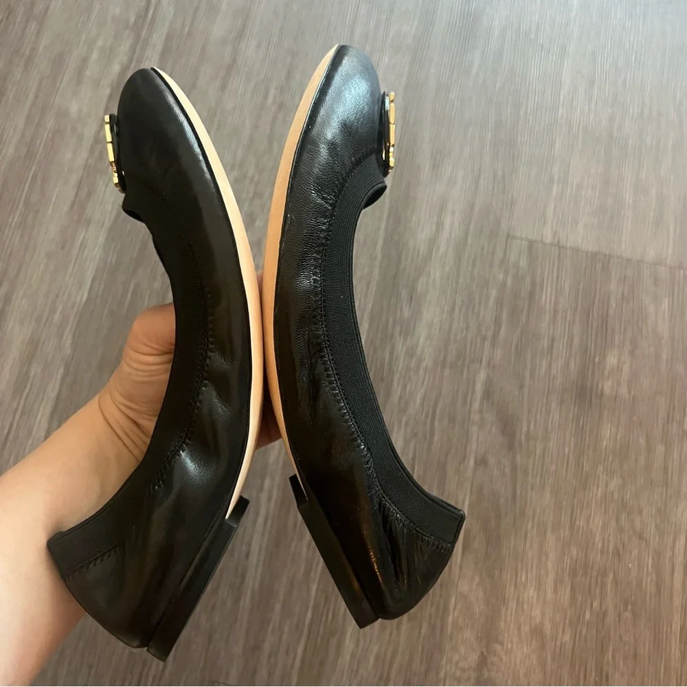 Tory Burch Black Leather Claire Elastic Flat with Gold Emblem never worn